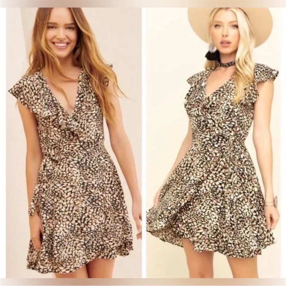 Free People French Quarter Wrap Dress Small Leopard Mini Animal Cheetah Skater